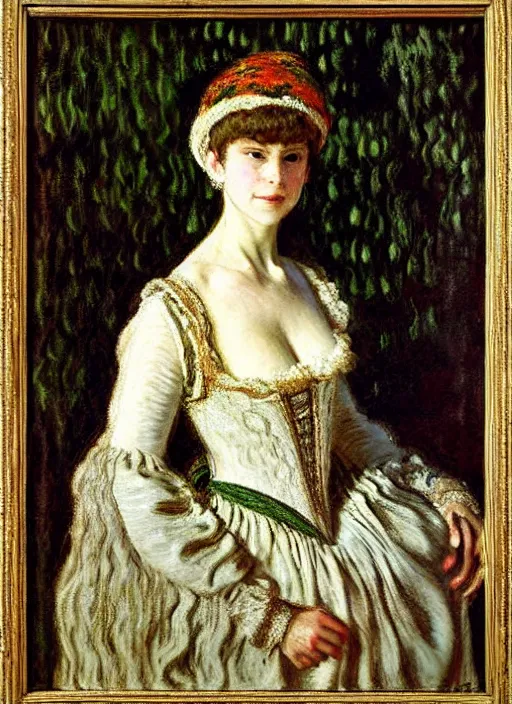 Image similar to portrait of young woman in renaissance dress and renaissance headdress, art by claude monet