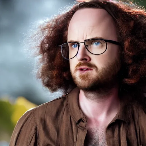 Prompt: Live Action Still of Aaron Paul with thick rimmed black glasses and a brown curly afro in hippie clothing, real life, hyperrealistic, ultra realistic, realistic, highly detailed, detailed, very detailed, cool, ultra detailed, very realistic, trending on artstation, epic, HD quality, 8k resolution, body and headshot, film still, real, detailed face, very detailed face, real life, front face, front view, dramatic lighting, real