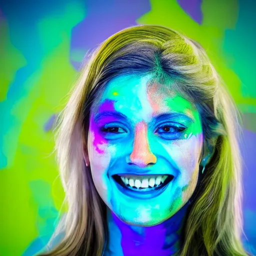 Image similar to a fullbody potrait photo of a female smiling, painted her body with ultraviolet paint, 5 0 mm lens, f 1. 4, sharp focus, ethereal, emotionally evoking, head in focus, volumetric lighting, 8 k