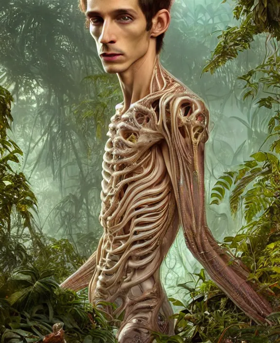 Image similar to intricate ornate opulent transparent clear see - through portrait of a terrifying beautiful skinny male alien centipede, mottled coloring, adorable, childlike, overgrown jungle environment, ultra realistic, concept art, art nouveau, photorealistic, octane render, 8 k, unreal engine. art by christopher marley and artgerm and greg rutkowski and alphonse mucha