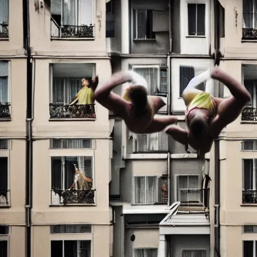 Image similar to some dwarfs are making some backward somersault from a balcony, photography