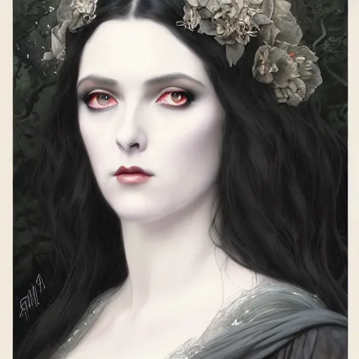 Prompt: beautiful striking Pre-Raphaelite goth Elvira Mistress of the Dark by Artgerm and Greg Rutkowski, pale, intricate, elegant, highly detailed, digital painting