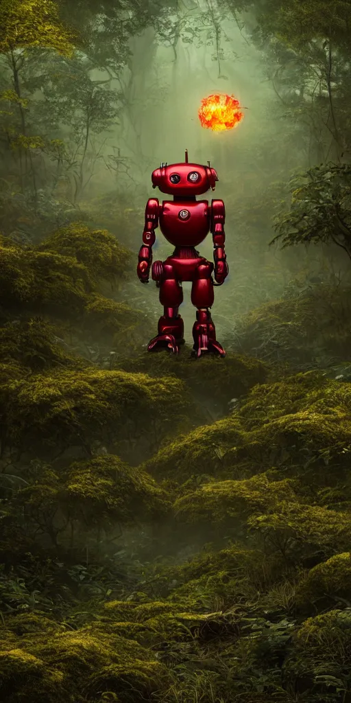 Prompt: little red robot with glowing purple eyes, surrounded by a green forrest, moody , lovecraft, giger, ridley scott, zack snyder, Fenghua Zhong, realistic cinematic lighting, establishing action shot, ultra detailed, hyper realism, photo, octane render