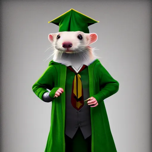 Image similar to a anthropomorphic ferret is dressed as a hogwarts student in slytherin robes, hyperdetailed, artstation, cgsociety, 8 k