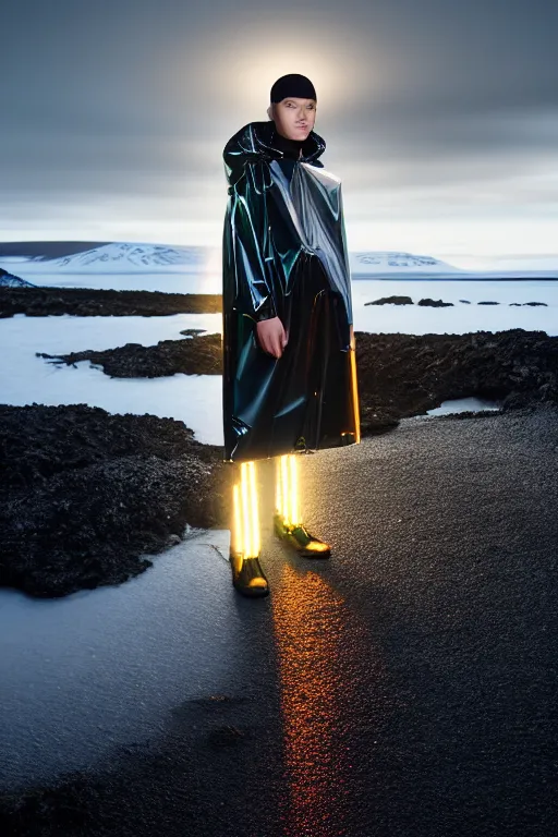 Image similar to an ultra high definition professional high fashion portrait studio full length photograph of a model wearing a transparent pearlescent raincoat and neon visor in an icelandic black rock environment at dawn. no artefacts. extremely detailed. stark. refraction. shallow depth of field. volumetric light and shadow. ray tracing. light rays.