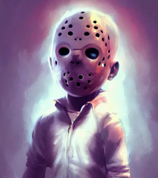 Image similar to beautiful little boy character inspired by jason voorhees, art by rossdraws, wlop, ilya kuvshinov, artgem lau, sakimichan and makoto shinkai, concept art, anatomically correct, extremely coherent, realistic, smooth hd