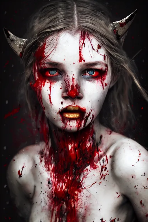 Image similar to photorealistic portrait of a viking girl roaring with blood splattered on her by ayami kojima and ewelina kowalczyk and alessio albi, trending on artstation