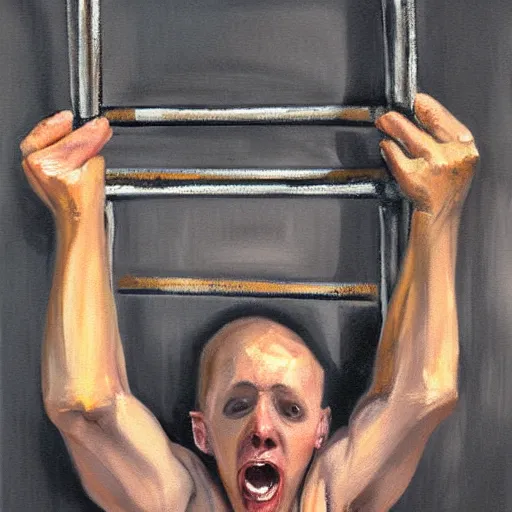 Image similar to skinny prisoner screaming holding prison bars, realism, oil painting