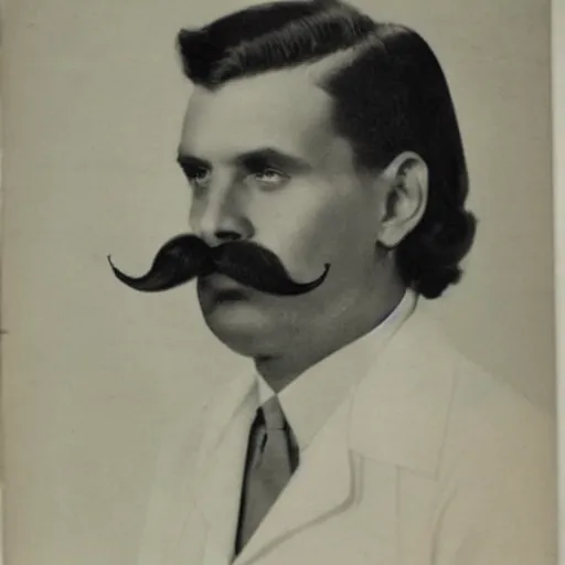 Prompt: newspaper photo from 40s of a sidecut hair toupet mature stern looking slim medical doctor with a simple mustache