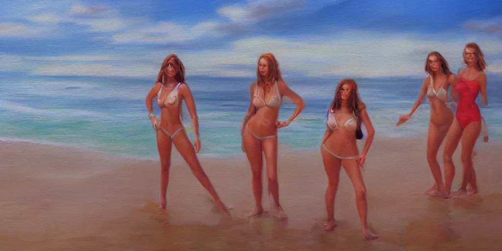 Image similar to hot babes on the beach, cinematic lighting, detailed oil painting, hyperrealistic, 8k