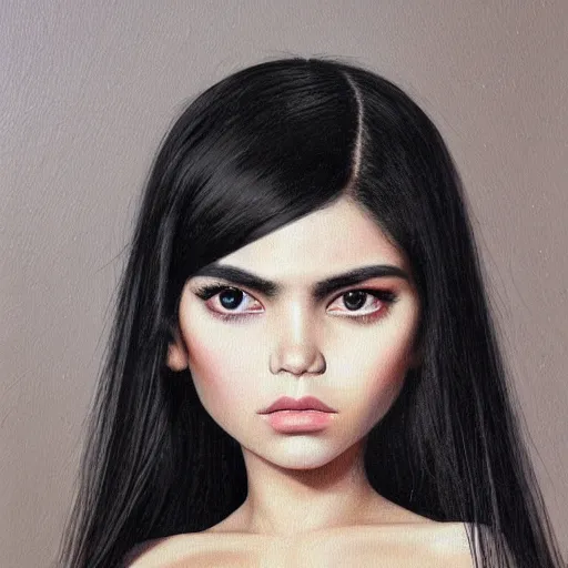 Image similar to a painting of an emo mexican woman with long dark hair thick eyebrows dark eyes and dark circles wide nose big eyes oval face shape big cheeks holding her cat, photorealistic painting by tran nguyen and ilya kuvshinov, featured on deviantart, gothic art, goth, gothic, detailed painting