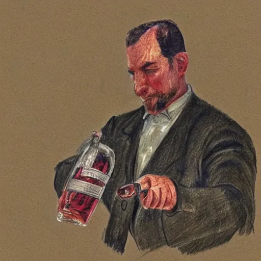 Prompt: sketch of a russian man drinking vodka bottle, detailed
