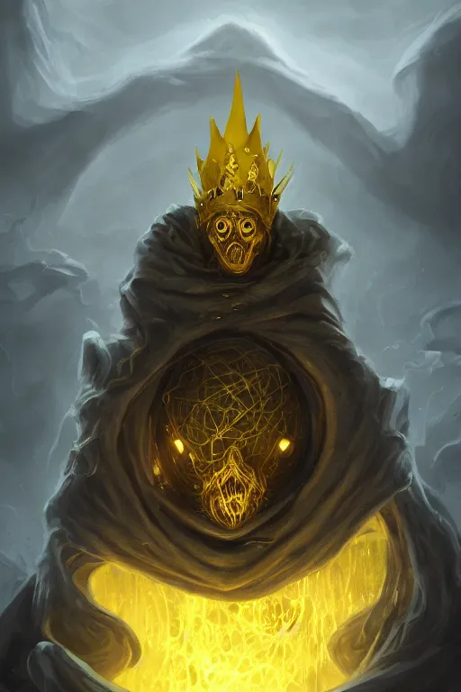 Image similar to A full body portrait of a mysterious character with no face with a very long hooded yellow cloak, a golden crown floating above his head, tentacles coming out the ground art by Shaddy Safadi and Jason Chan, ominous, cosmic horror, trending on artstation, Ultra detailed, hyper realistic 4k