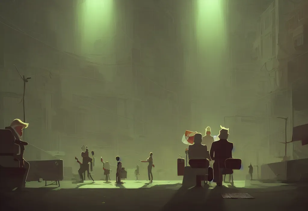 Prompt: donald trump cancel his elections and goes to mexica, presidental elections candidates, cnn, fox news, fantasy, by atey ghailan, by greg rutkowski, by greg tocchini, by james gilleard, by joe gb fenton, dynamic lighting, gradient light green, brown, blonde cream, salad and white colors in scheme, grunge aesthetic
