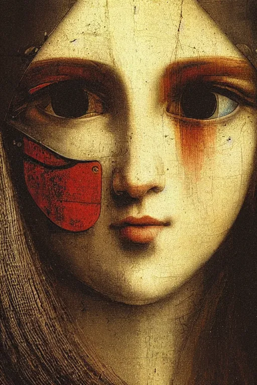 Image similar to a close - up portrait of a cyberpunk cyborg girl, by leonardo davinci, rule of thirds