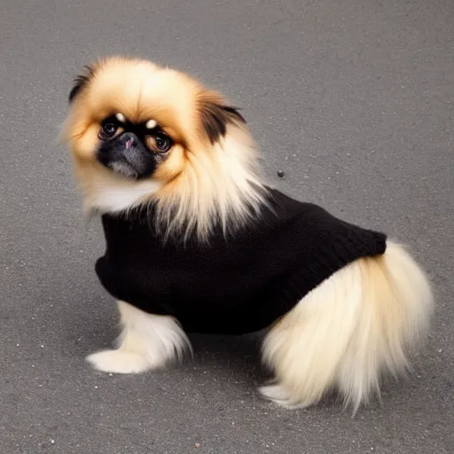 Image similar to a cute pekingese wearing a sweater, high resolution photo