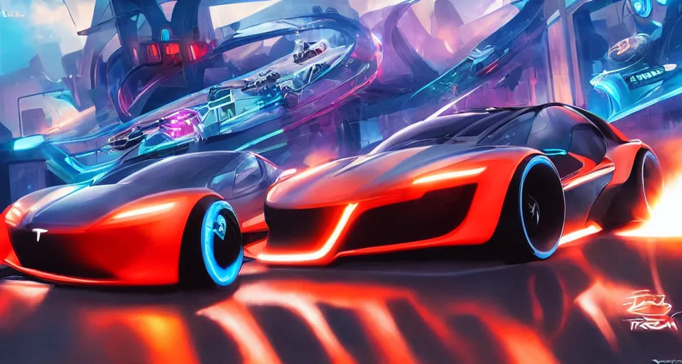 Image similar to dream tron tesla light cycle race, hot wheels, wipe out, hyper realistic, concept art, smooth, high contrast, volumetric lighting, octane, raytrace, syd mead, artgerm, jim lee,