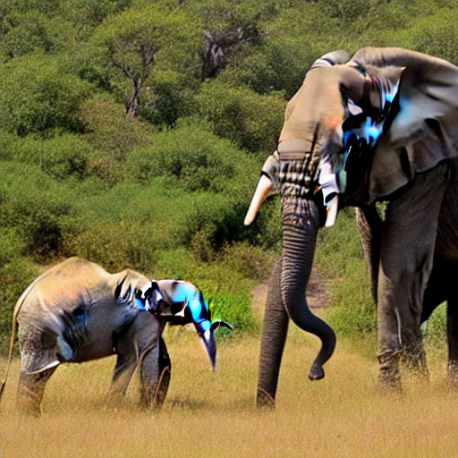 Prompt: An elephant making friends in the savannah