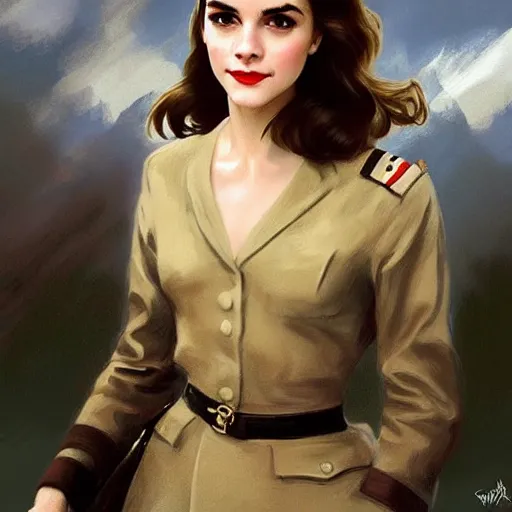 Image similar to A combination of Victoria Justice's and Grace Kelly's and Emma Watson's appearances as a WW2 soldier, full body portrait, western, D&D, fantasy, intricate, elegant, highly detailed, digital painting, artstation, concept art, matte, sharp focus, illustration, art by Artgerm and Greg Rutkowski and Alphonse Mucha