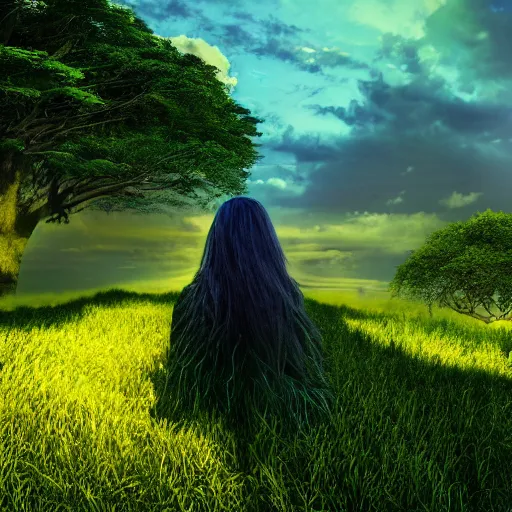 Image similar to silhouette of woman with flowing hair overlooking an expansive green hillside while leaves and a blue-yellow sky beam, extremely moody lighting, glowing light and shadow, atmospheric, fine art, trending, featured, 8k, photorealistic, complex,symmetrical , 3-point perspective, hyper detailed, unreal engine 5, IMAX quality, cinematic, high resolution, 3D, PBR, path tracing, volumetric lighting, octane render, arnold render