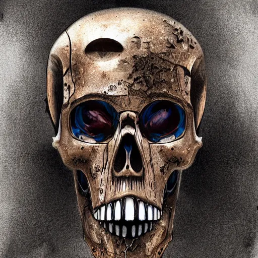 Image similar to cyborg skull crushed on table, digital painting , realistic illustration