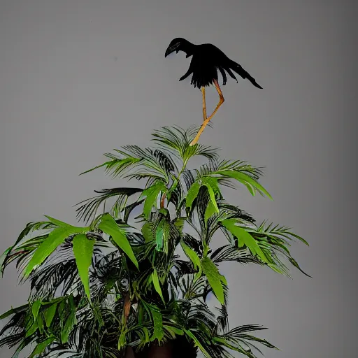 Prompt: plant that looks like a crow, plant like, minimal, expressionist, album art