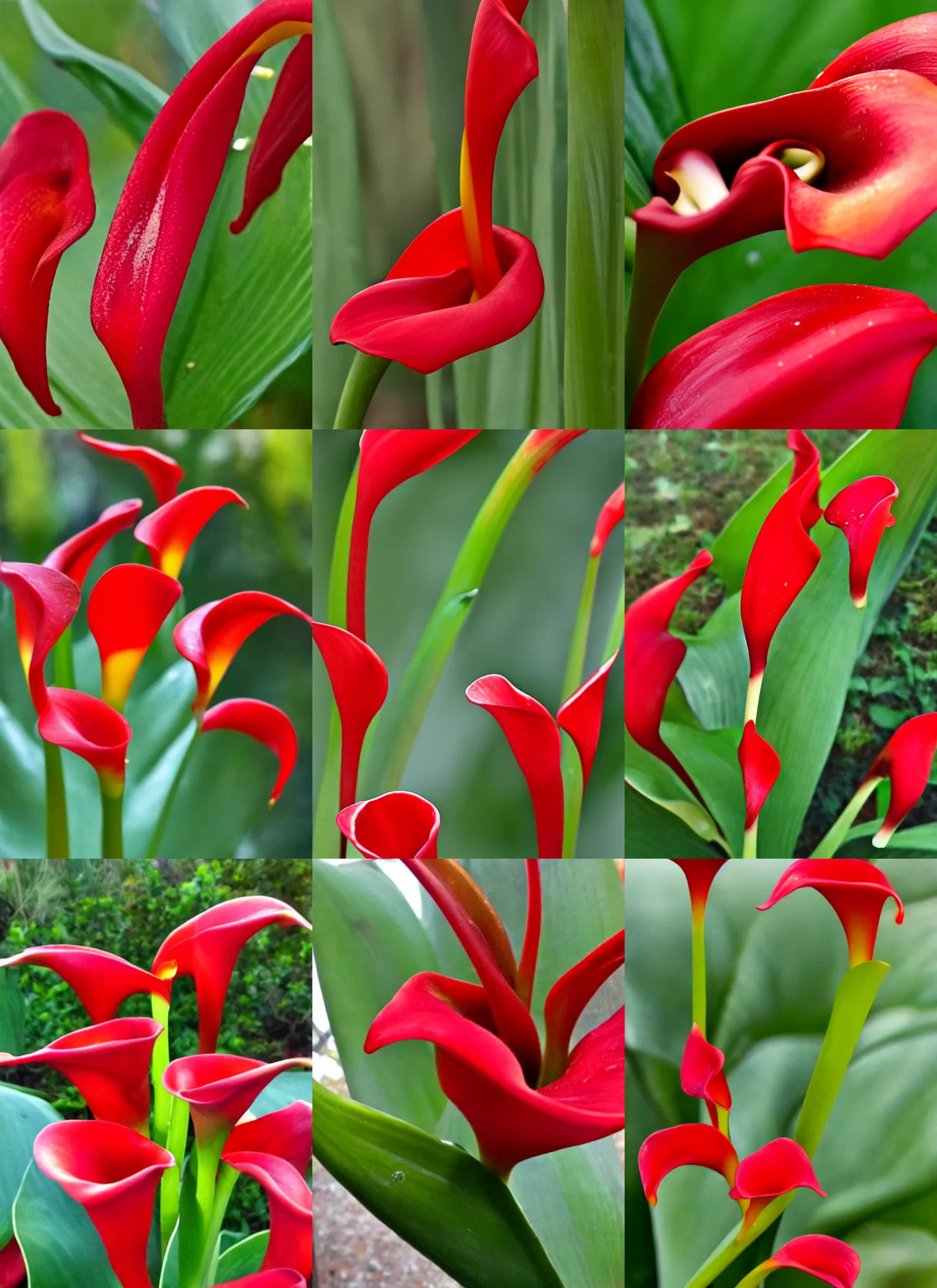 Prompt: red calla lily dripping morning dew