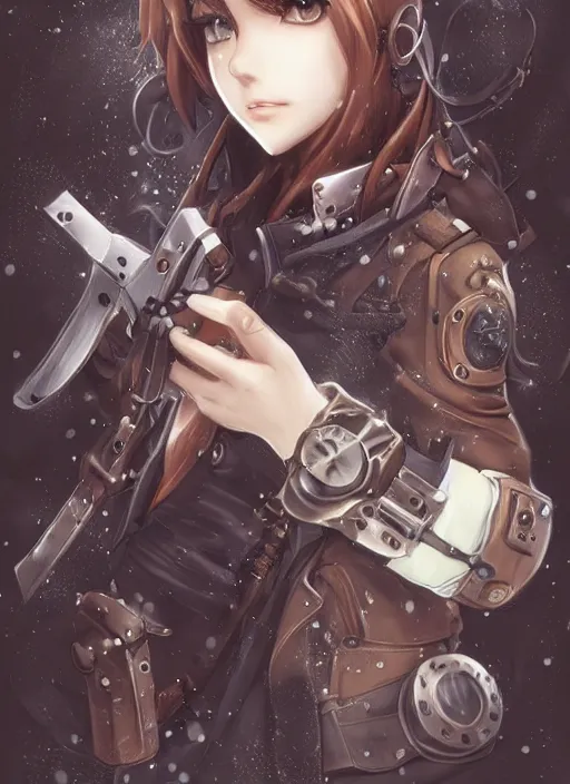 Image similar to girl with steampunk weapons and uniform, serious, intense, finely detailed, made by artgerm, ross tran, full body portrait, illustration, snow, snowing, cloudy, anime, side view, perfect anime face, realistic face, zoomed out, smooth, brown eyes, high waisted shorts