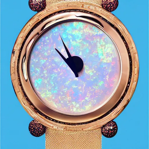 Image similar to celestial watch from the far future with infinite dials, mother of pearl opal, year 2 5 0 0, style of norman rockwell