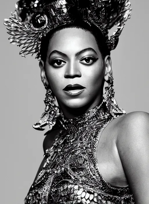 Image similar to photograph of beyonce styled by nick knight posing, intricate headpiece, showstudio, face close up, vogue magazine, 2 0 2 0, canon, highly realistic. high resolution. highly detailed. dramatic. 8 k. 4 k. zeiss lens, canon eos, cinematic lighting, photography, film still