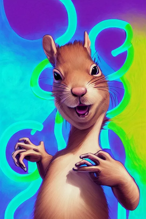 Image similar to a award winning half body portrait of a squirrel with stunning eyes in a croptop and cargo pants with rainbow colored hair, outlined by whirling illuminated neon lines and fine lines swirling in circles by jesper ejsing and rhads and makoto and shinkai and lois van baarle, digital art, trending on artstation