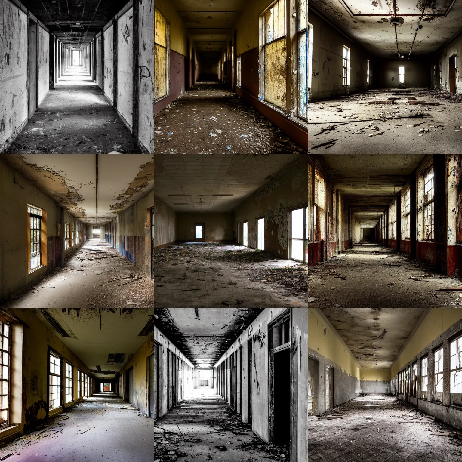 Prompt: the interior of an abandoned school, dimly lit hallways