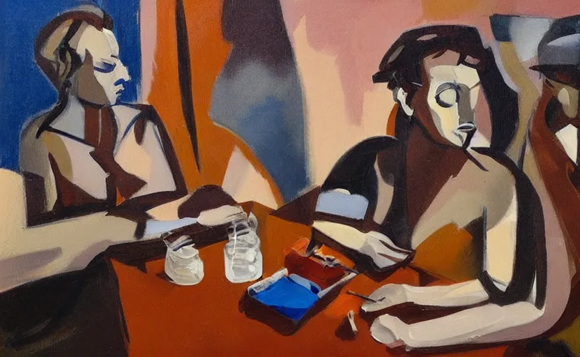 Prompt: oil painting in the style of john craxton sailors in the shadows of a pub. playing cards. brush marks. strong lighting. holding cigerettes. smoking. bar. seated figure hands on table. strong expressions on faces. cheekbones. aesthetics to ivon hitchins. line drawing on painting,