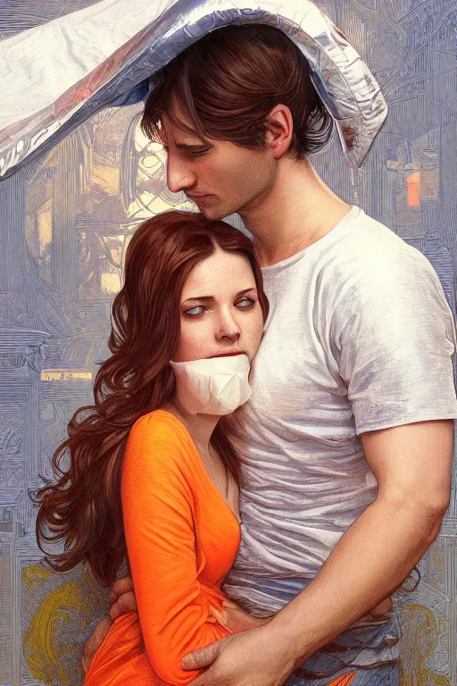 Image similar to portrait of a man in tin - foil hat and orange t - shirt hugging his wife in a bed, feelings, romantic, fantasy, intricate, elegant, highly detailed, digital painting, artstation, concept art, smooth, sharp focus, illustration, art by artgerm and greg rutkowski and alphonse mucha