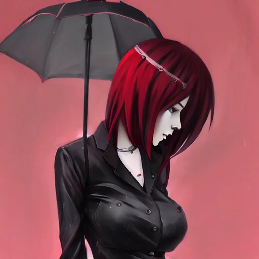Prompt: seductive female dullahan, in the rain, highly detailed, painting, dark red and black color palette, intricate, high quality anime artstyle, in the style of ilya kuvshinov