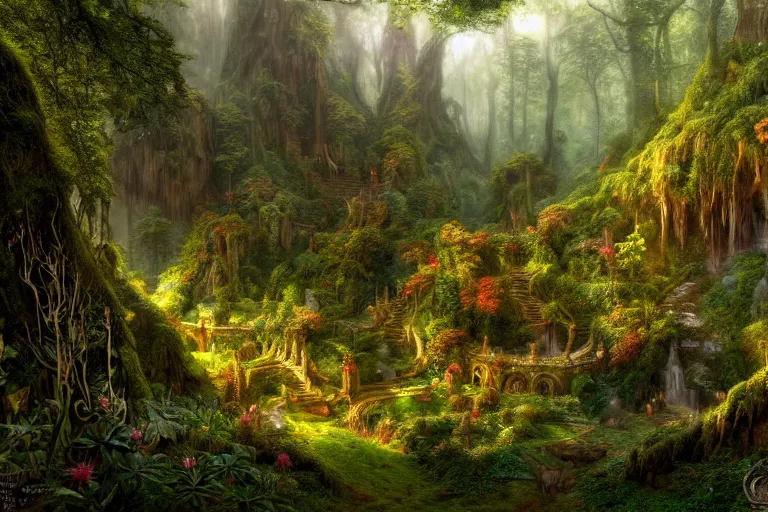 Image similar to a beautiful and highly detailed matte painting of a secret elven garden in a valley in a lush forest in the misty mountains, psychedelic, celtic, intricate details, epic scale, insanely complex, 8 k, sharp focus, photorealism, artstation, cgsociety, by caspar friedrich, albert bierstadt, james gurney, brian froud,