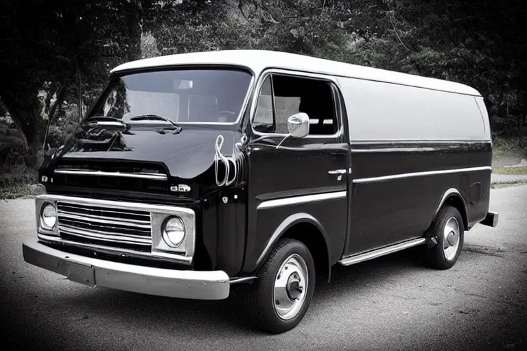 Image similar to “ a photo of a black 1 9 7 2 chevrolet g 1 0 van ”