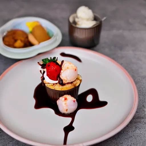 Image similar to dslr food photograph of an ice cream sundae with chocolate sauce and shrimps on top, 8 5 mm f 1. 4