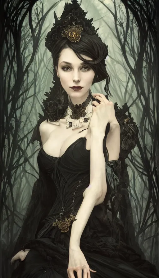 Prompt: playing card of elegant gothic woman, dark and ethereal, expressive pose, peaceful expression, dark gothic dress, fantasy, intricate, dark forest background, highly detailed, digital painting, artstation, concept art, smooth, sharp focus, illustration, art by artgerm and greg rutkowski and alphonse mucha