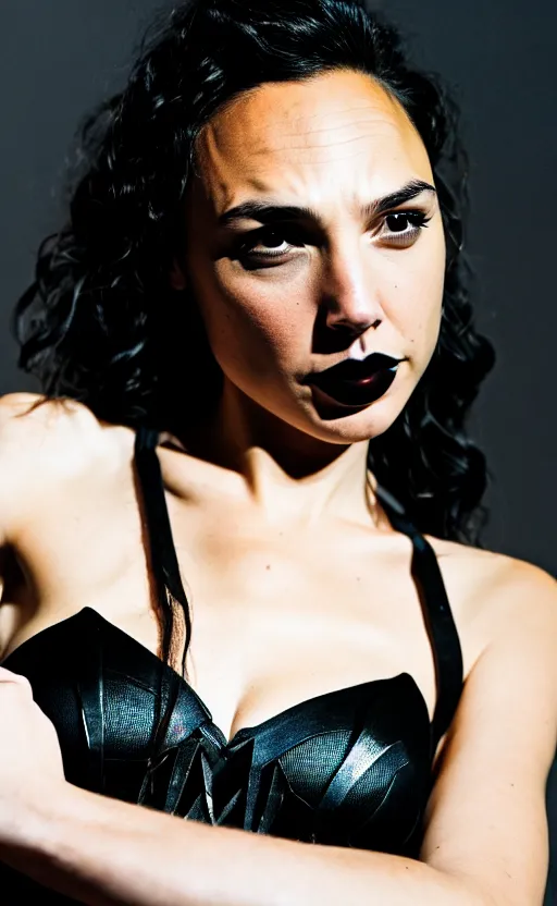 Image similar to gal gadot as a goth girl, canon 3 5 mm portrait photography