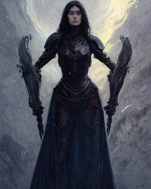 Prompt: a beautiful woman dark hair in an armor with dark eyes, perfect body, perfect face, highly detailed, elegant, dark blue, ethereal horror fantasy art by greg rutkowski and magali villeneuve and claude monet