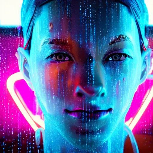 Image similar to human portrait made out of rain, beautiful, neon, epic detail, galactic background, rendered in octane, unreal engine, realistic