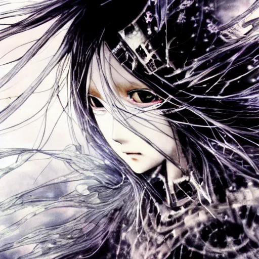 Prompt: yoshitaka amano blurred and dreamy illustration of an anime girl with wavy white hair and cracks on her face wearing elden ring armour with the cape fluttering in the wind, abstract black and white patterns on the background, noisy film grain effect, highly detailed, renaissance oil painting, weird portrait angle