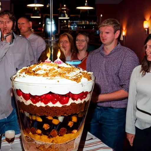 Prompt: 6 ft tall sundae trifle in restaurant, surrounded by customers, flash photography