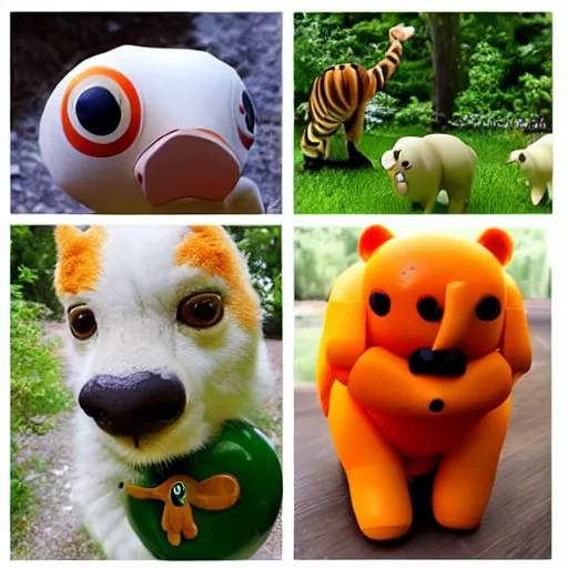 Image similar to some cute plastic toys that look like animal that are dressed as other animal characters, forest colors