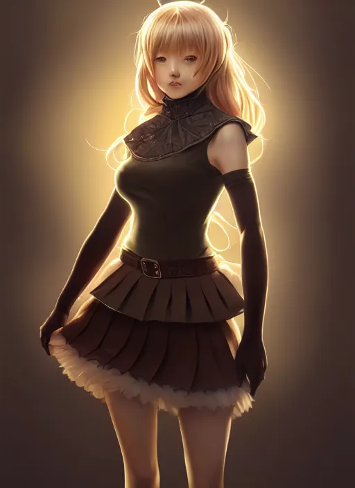 Image similar to portrait of a full body of beautiful young female detective, d & d, sleeveless turtleneck, pleated skirt, fantasy, flat lighting, intricate, highly detailed, digital painting, artstation, concept art, smooth, sharp focus, illustration, misa amane, art by simon bisley and greg rutkowski and alphonse mucha, natural tpose