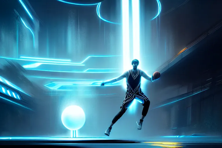 Image similar to tron legacy jesus playing basketball, face, diffuse lighting, hyper realistic, concept art, intricate, hyper detailed, smooth, sharp focus, illustration, artstation, art by greg rutkowski and james gurney and alphonse mucha