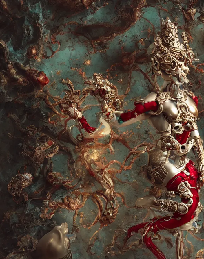 Prompt: positing on rock Spawn like biomechanical asian goddess, full lenght view. woman wearing a helmet. white plastic, human skull, swollen muscles, tumors, veins, baroque elements. halo. octane rendering, cinematic, hyperrealism, octane rendering, 8k, depth of field, bokeh. iridescent accents. vibrant. teal gold and red color scheme