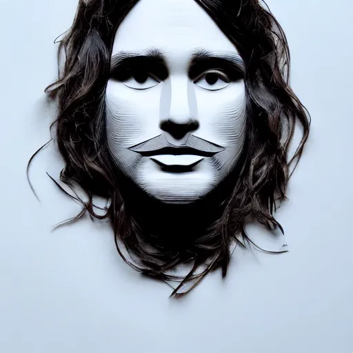 Prompt: a face of a man with wavey medium long hair made from layered paper, 2D, flat minimalistic, ambient light