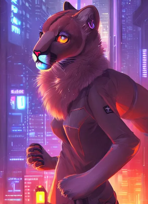 Prompt: beautiful portrait commission of a female furry anthro mountain lion fursona wearing a police uniform. Cyberpunk city at night in the rain. Neon light. Atmospheric. Character design by charlie bowater, ross tran, artgerm, and makoto shinkai, detailed, inked, western comic book art